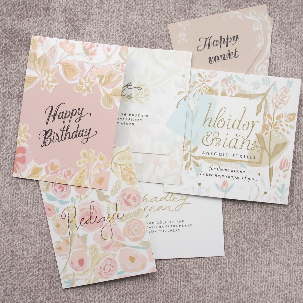 Collection of handmade greeting cards arranged on table